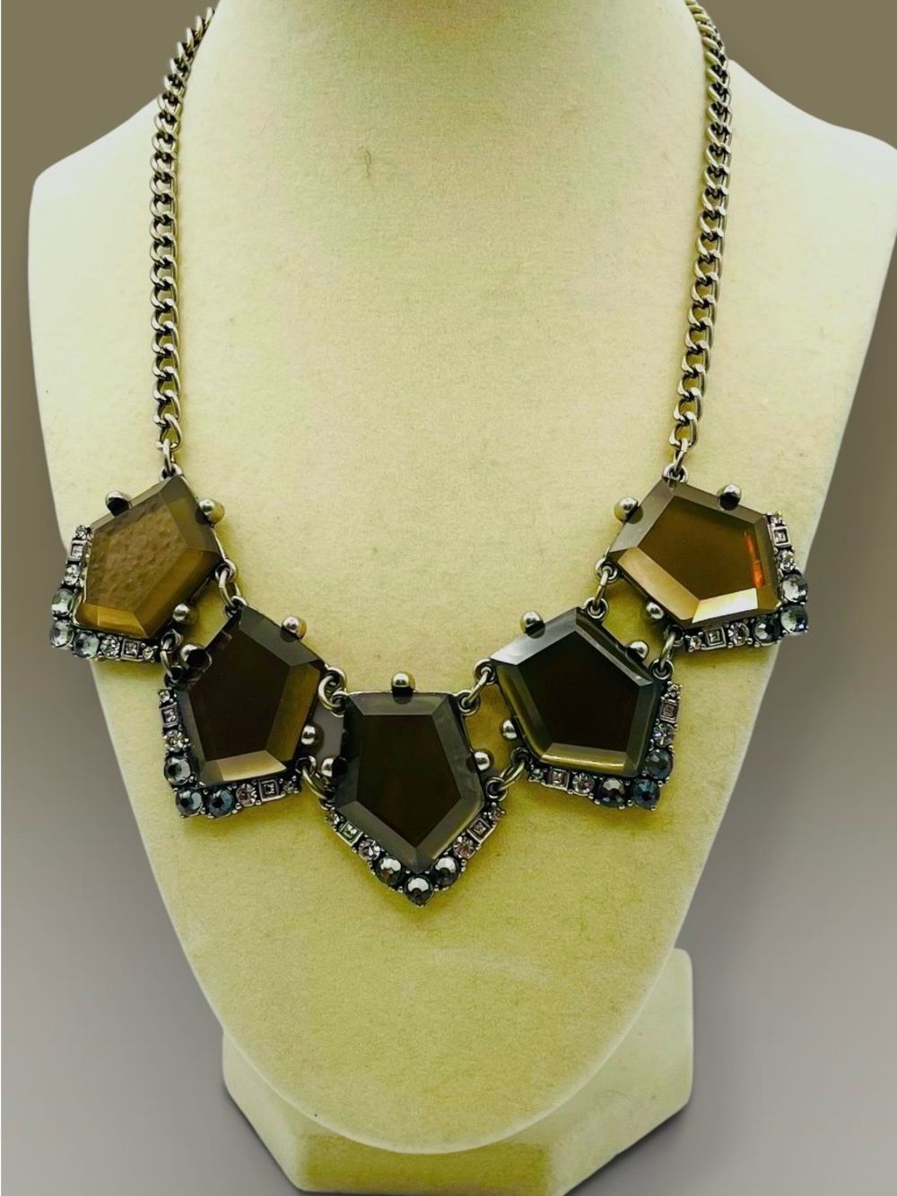 LOFT Smoky Grey Geometric Crystal Statement Necklace Silver Tone
